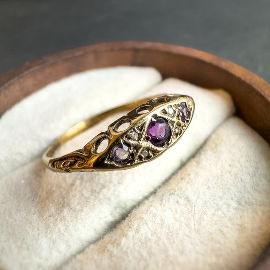 9ct Solid Gold Vintage Amethyst and Diamond Ring | Oval Amethyst, Accent Diamonds, Filigree Band | UK L 1/2 - US 6 | Resizable |