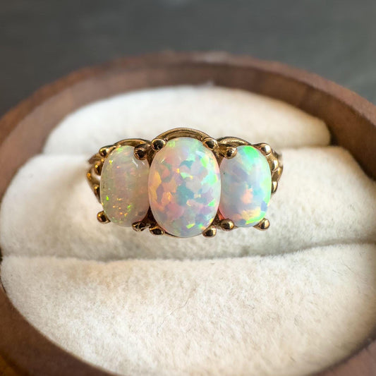 9ct Solid Gold Vintage Opal Trilogy Ring | Oval Cabochon Opals | Unique Gift for Her | English Hallmarks |   UK M 1/2 - US 6.5 - Resizable