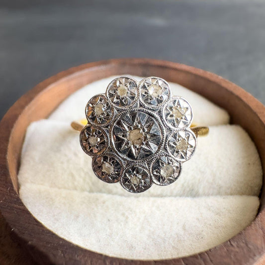 18ct Solid Gold & Platinum Antique Diamond Ring | 1920s Old Cut Diamond Cluster Ring | UK N 1/2 - US 7 | Antique Heirloom Jewelry |Resizable