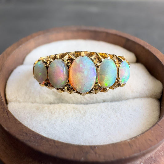 Victorian 18ct Gold Antique Opal Ring | Antique 1910s 5-Stone Opal Band | UK P 1/2 - US 8 | Solid Gold Opal Ring | Resizable |