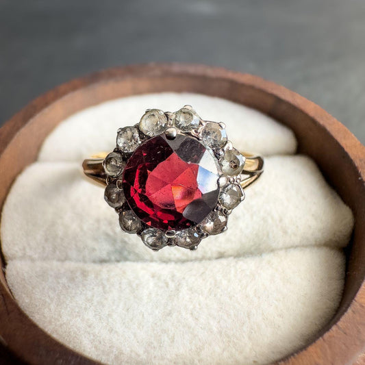 Vintage 9ct Solid Gold Garnet and White Topaz Ring | UK O - US 7.25 | Stunning Cluster Design | Solid Gold Ring | Resizable |