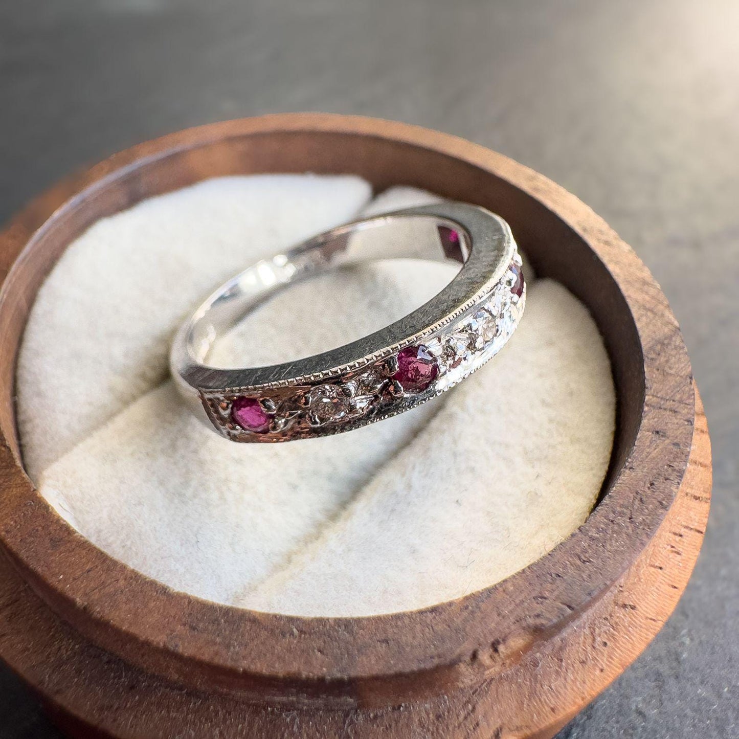 18ct Solid White Gold Vintage 1950s Diamond & Ruby Band Ring | UK O - US 7.25 | English Hallmarks |  Elegant Design | Resizable |