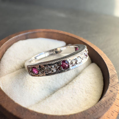 18ct Solid White Gold Vintage 1950s Diamond & Ruby Band Ring | UK O - US 7.25 | English Hallmarks |  Elegant Design | Resizable |