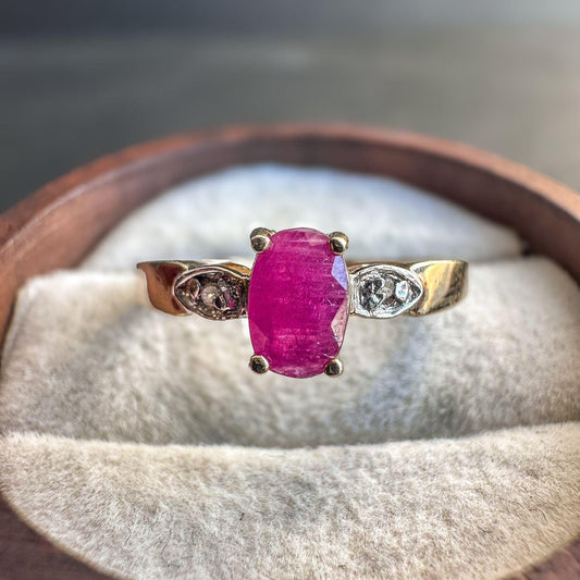 Vintage 9ct Gold Ruby and Diamond Ring | Elegant Oval Ruby with Sparkling Diamonds | UK N / US 6.75 | Resizable