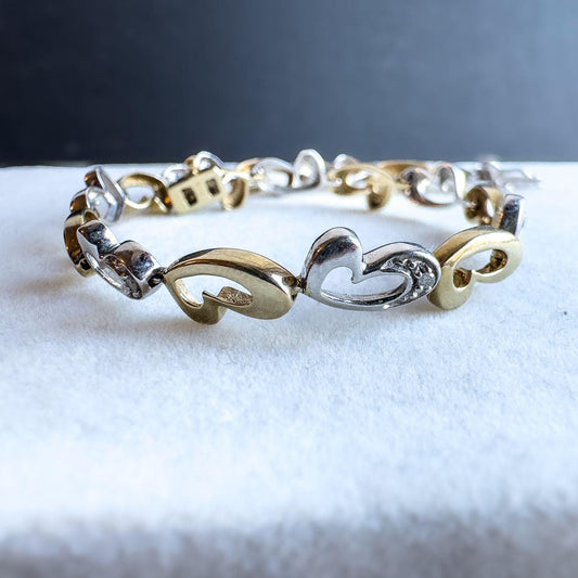 9ct Solid Gold Vintage Diamond Heart Bracelet | English Hallmarked | Romantic Gift | Elegant Jewelry | Diamond Heart Bracelet |