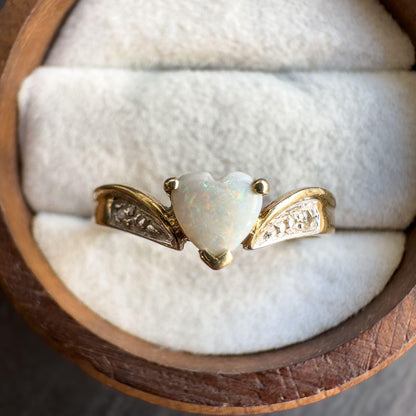 Vintage 9ct Solid Gold Opal and Diamond Ring | UK N - US 7 | Heart Cut Gemstone | English Hallmarked |Classic Vintage Style Jewelry |