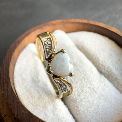 Vintage 9ct Solid Gold Opal and Diamond Ring | UK N - US 7 | Heart Cut Gemstone | English Hallmarked |Classic Vintage Style Jewelry |