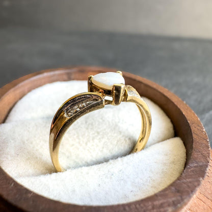 Vintage 9ct Solid Gold Opal and Diamond Ring | UK N - US 7 | Heart Cut Gemstone | English Hallmarked |Classic Vintage Style Jewelry |