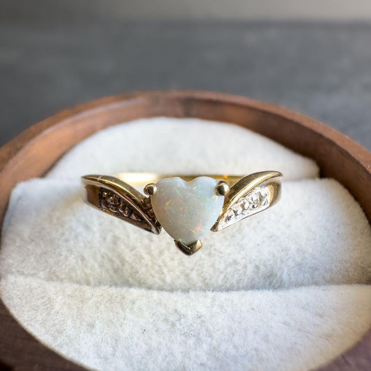 Vintage 9ct Solid Gold Opal and Diamond Ring | UK N - US 7 | Heart Cut Gemstone | English Hallmarked |Classic Vintage Style Jewelry |