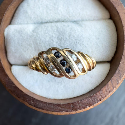 9ct Solid Gold Vintage Diamond & Sapphire Ring | UK O 1/2 - US 7.5 | English Hallmarked | Elegant Gold Band with Gems | Resizable |