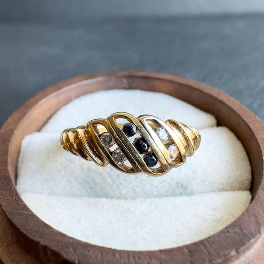 9ct Solid Gold Vintage Diamond & Sapphire Ring | UK O 1/2 - US 7.5 | English Hallmarked | Elegant Gold Band with Gems | Resizable |